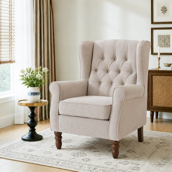 AFO Button-Tufted Wingback Accent Chair set of 1, Modern Mid-Century Armchair with Thick Padded Seat, Rolled Arm & Solid Wood Legs, For Bedroom/Office/Living Room, Beige
