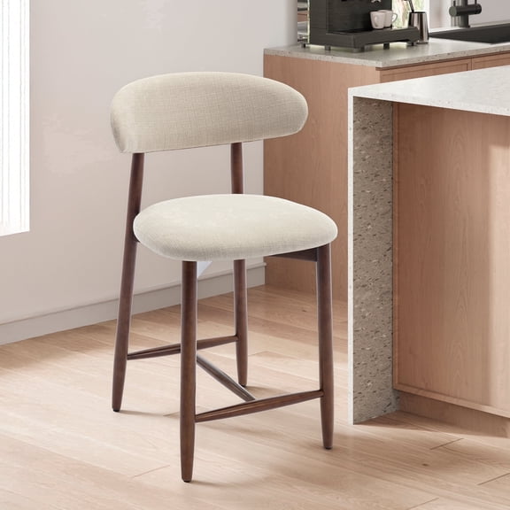 26" Counter Height Bar Stools Set of 1, Kitchen Bar Stools With Curved Back & Wood Legs, Mid Century Modern Upholstered, For Kitchen Island Dining Room, Beige