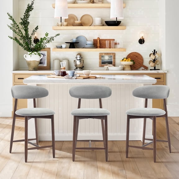 AFO 26" Counter Height Bar Stools Set of 3, Kitchen Bar Stools With Curved Back & Wood Legs, Mid Century Modern Upholstered, For Kitchen Island Dining Room, Light Grey