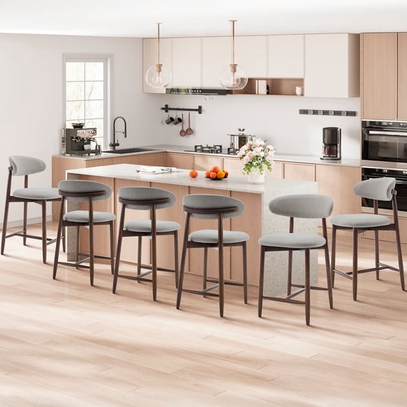 Counter Height Bar Stools Set of 6, Mid Century Modern Upholstered Bar Stools with Curved Back and Wooden Frame, for Kitchen, Cafe, or Home,Light Grey