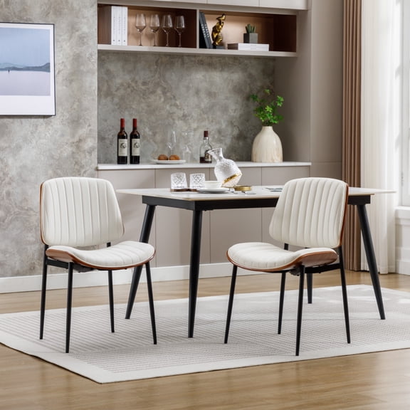 AFO Dining Chairs Set of 2 Mid Century Modern Retro Faux Leather Chair Bentwood Seat Metal Legs Adjustable Feet Kitchen Dining Room, White