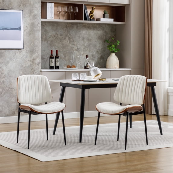 AFO Dining Chairs Set of 2 Mid Century Modern Retro Faux Leather Chair Bentwood Seat Metal Legs Adjustable Feet Kitchen Dining Room, White