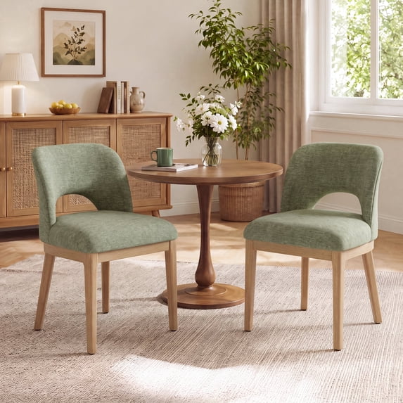 AFO Dining Chairs Set of 2, Mid-Century Modern Upholstered Kitchen Chairs with Cutout Back and Solid Wood Legs for Dining Room, Green