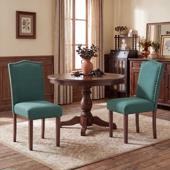 AFO Upholstered Dining Chairs Set of 2, Fabric Parsons Kitchen Chairs with Nailhead Trim, High-Density Cushion & Solid Wood Legs, For Dining Room, Living Room, Restaurant & Cafe, Green