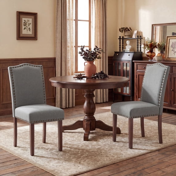 AFO Upholstered Dining Chairs Set of 2, Fabric Parsons Kitchen Chairs with Nailhead Trim, High-Density Cushion & Solid Wood Legs, For Dining Room, Living Room, Restaurant & Cafe, Grey