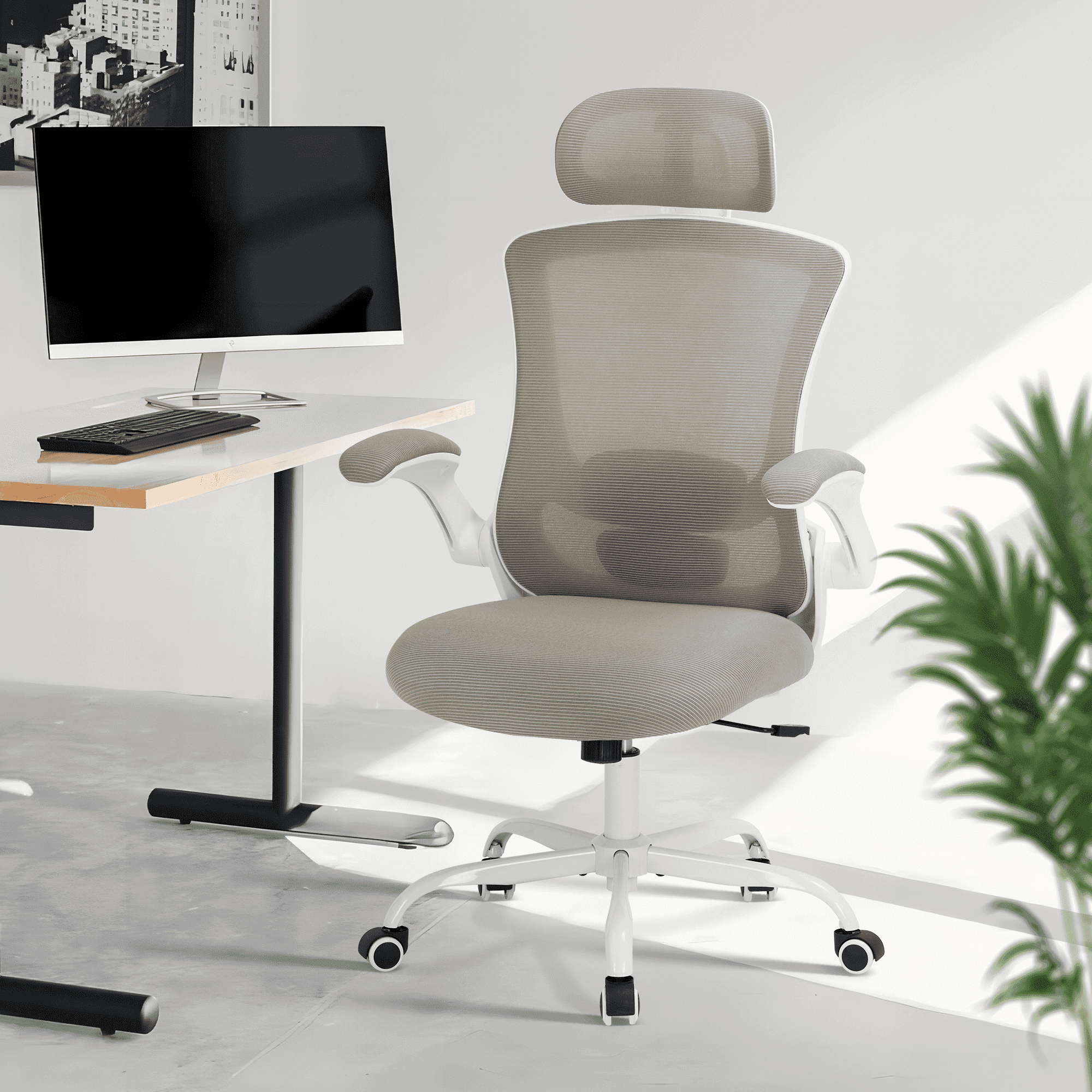 AFO High Back Ergonomic Office Chair, Adjustable Lumbar Support & Headrest Mesh Desk Chair with Flip-Up Arms, 275lbs Heavy Duty Metal Base Computer Task Chair for Home Office, Khaki