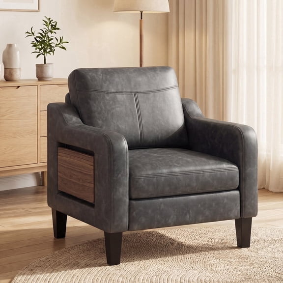 AFO Faux Leather Accent Chair with Folding Side Table and Storage Pockets, Modern Reading Armchair for Living Room and Office, Set of 1, Black