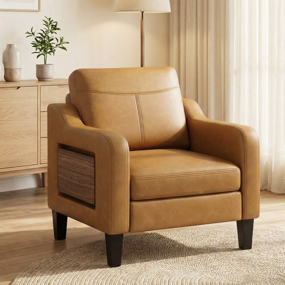 AFO Faux Leather Accent Chair Set of 1, Modern Living Room Armchair with Side Table and Pockets for Bedroom, Office and Small Place, Brown