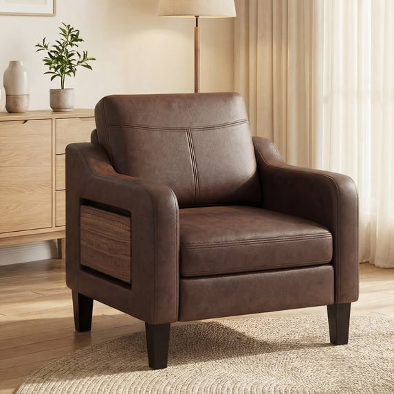 AFO Faux Leather Accent Chair Set of 1, Modern Living Room Armchair with Side Table and Pockets for Bedroom, Office and Small Place, Chocolate