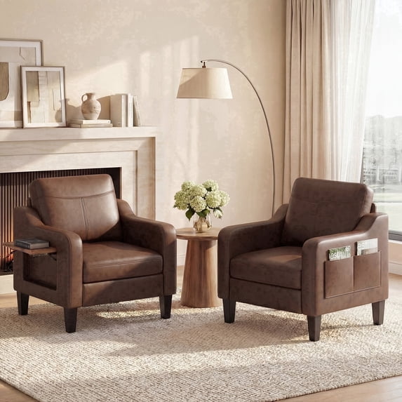 AFO Faux Leather Accent Chair Set of 2, Modern Living Room Armchair with Side Table and Pockets for Bedroom and Office, Chocolate