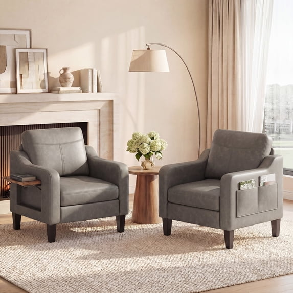 AFO Faux Leather Accent Chair Set of 2, Modern Living Room Armchair with Side Table for Bedroom, Office and Small Place, Grey
