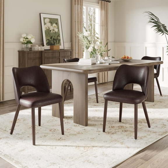 AFO Faux Leather Dining Chairs Set of 4, Ergonomic Curved Kitchen Side Chairs with Solid Wood Legs, For Dining Room, Living Room, Cafe & Kitchen, Dark Brown