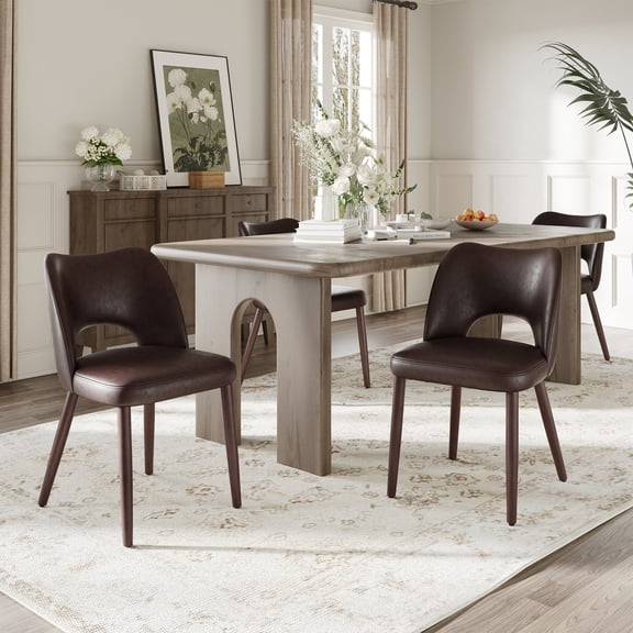 AFO Faux Leather Dining Chairs Set of 4, Ergonomic Curved Kitchen Side Chairs with Solid Wood Legs, For Dining Room, Living Room, Cafe & Kitchen, Dark Brown