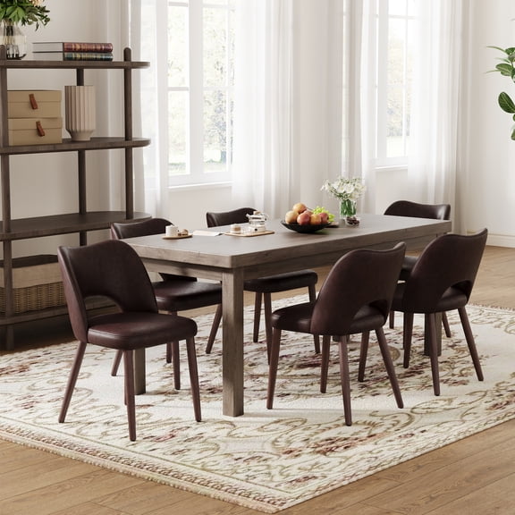 AFO Faux Leather Dining Chairs Set of 6, Ergonomic Curved Kitchen Side Chairs with Solid Wood Legs, For Dining Room, Living Room, Cafe & Kitchen, Dark Brown