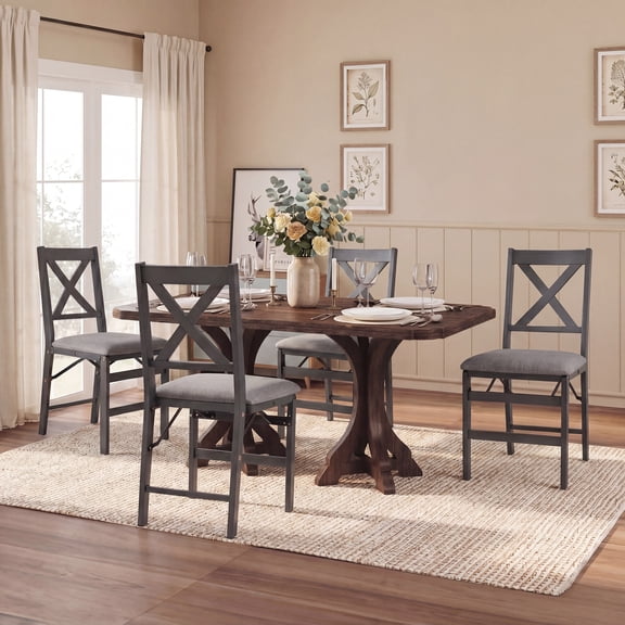 AFO Foldable Solid Wood Cross-Back Dining Chairs Set of 4, Dark Grey