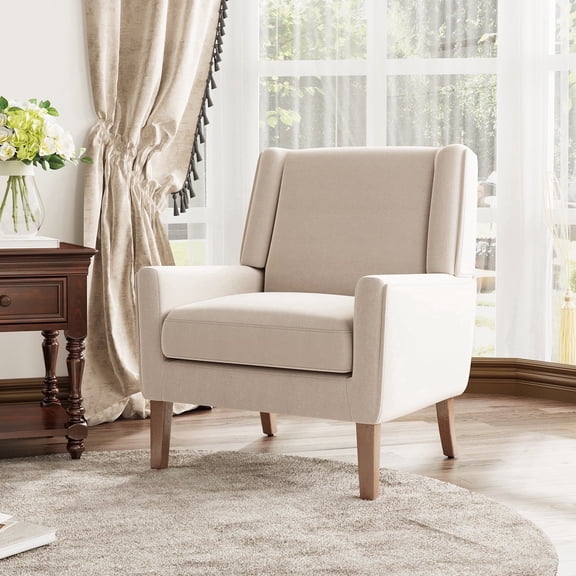 High Back Wing Accent Chair, Modern Upholstered Armchair with 5.5" Thick Spring Cushion and Solid Wood Legs, Mid-Century Reading Chair for Living Room Bedroom, Beige