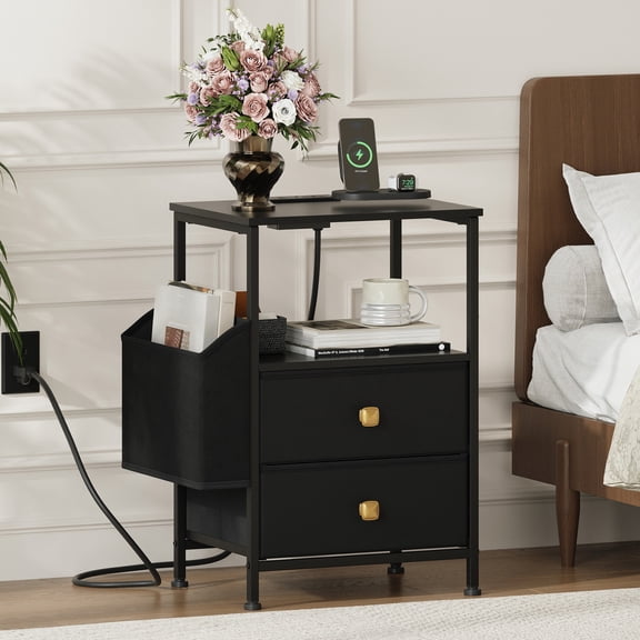 AFO LED Nightstand with 2 Drawers, Charging Station & USB Port, Bedside Table Night Stand with Side Pocket & Open Shelf, End Table for Living Room, Bedroom, Black (Set of 1)
