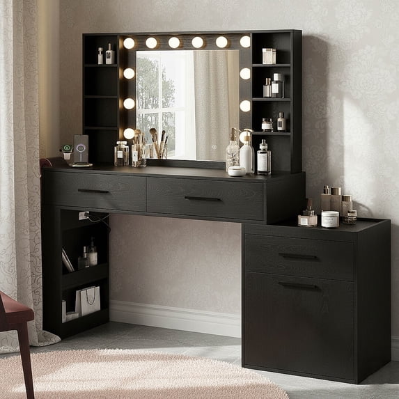 AFO Makeup Vanity Table with Lighted Mirror, 3-Color Dimmable Lights, 3 Drawers, 6 Open Shelves, Side Storage Cabinet, and Built-in Power Outlet,Black