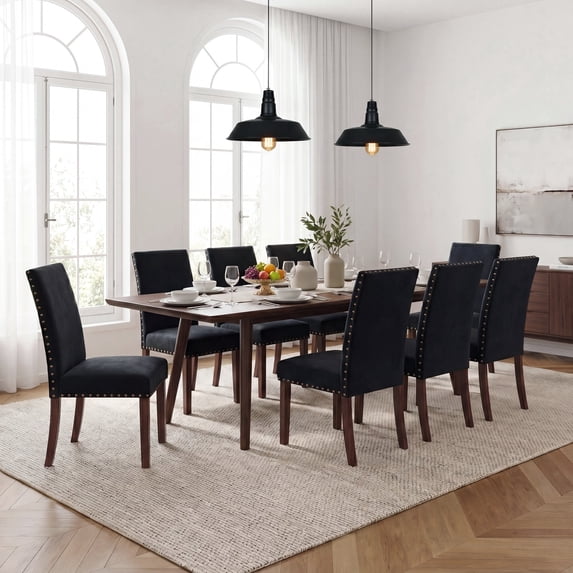 AFO Mid-Century Dining Chairs with Rivet Trim & Solid Wood Legs, Upholstered Kitchen Side Chairs with High Back Seat, For Dining Room, Kitchen and Café, Set of 6, Black