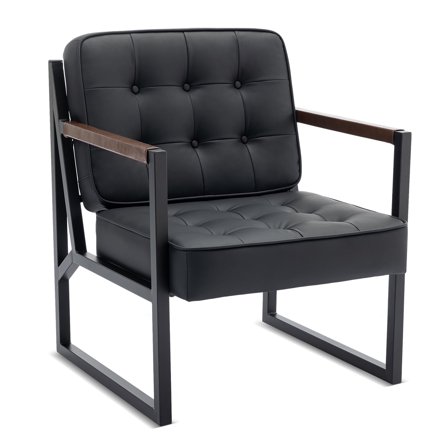 AFO Mid-Century Modern Accent Chair, Upholstered Leather Armchair with Metal Frame and Button-Tufted Back for Living Room, Bedroom, or Reading Nook, Black