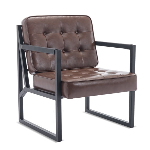 AFO Mid-Century Modern Accent Chair, Upholstered Leather Armchair with Metal Frame and Button-Tufted Back for Living Room, Bedroom, or Reading Nook, Brown