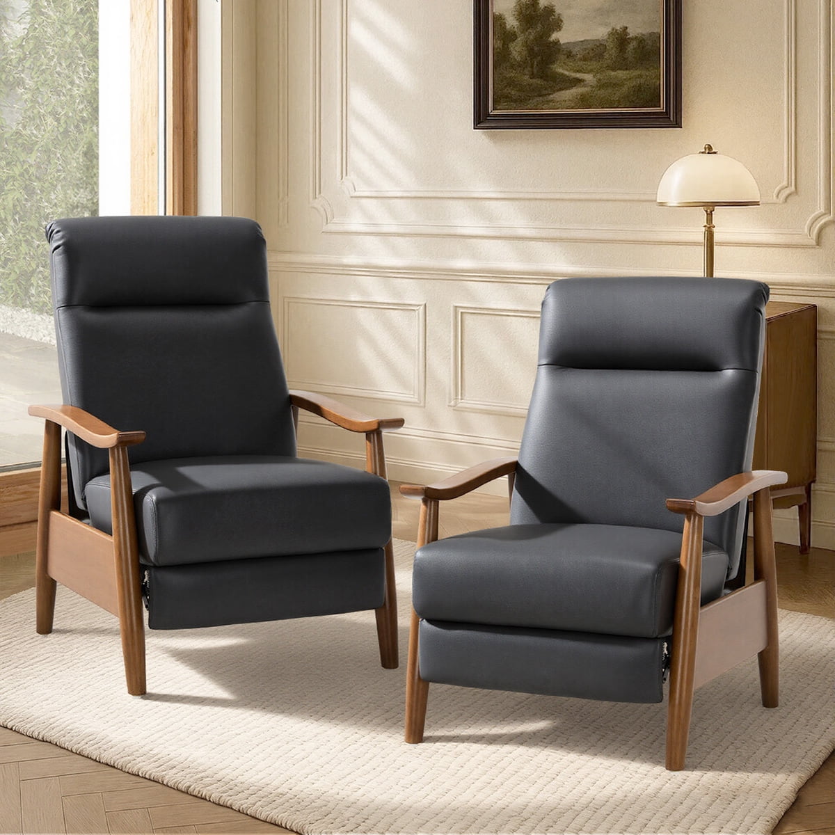 AFO Mid Century Modern Recliner Chair Set of 2, Leather Push Back Armchair with Retractable Footrest, Solid Wood Legs, High Back Lounge Chair for Living Room, Black