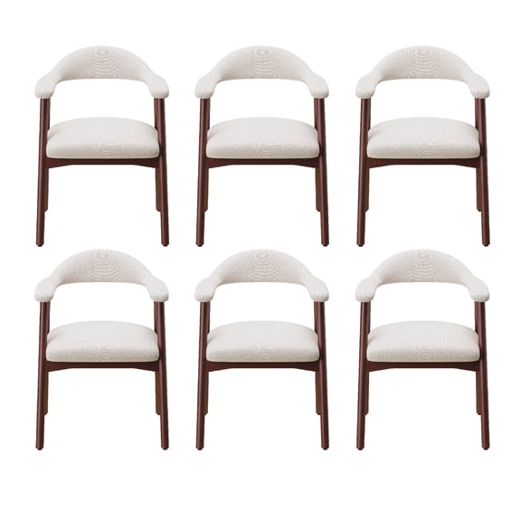 AFO Upholstered Dining Chairs Set of 6, Mid-Century Modern Fabric Kitchen Arm Chairs with Rubberwood Frame, Beige