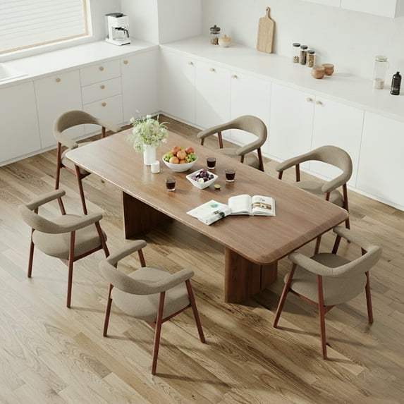 AFO Upholstered Dining Chairs Set of 6, Mid-Century Modern Fabric Kitchen Arm Chairs with Rubberwood Frame, Camel