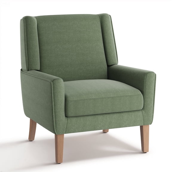 AFO Modern Accent Chair, High Back Upholstered Fabric Armchair with Wood Legs, Mid-Century Wingback Chair for Living Room Bedroom, Green