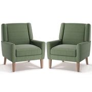 AFO Modern Accent Chair Set of 2, High Back Upholstered Fabric Armchair with Wood Legs, Mid-Century Wingback Chair for Living Room Bedroom, Green