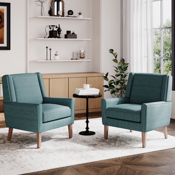 AFO Modern Accent Chair Set of 2, High Back Upholstered Fabric Armchair with Wood Legs, Mid-Century Wingback Chair for Living Room Bedroom, Teal