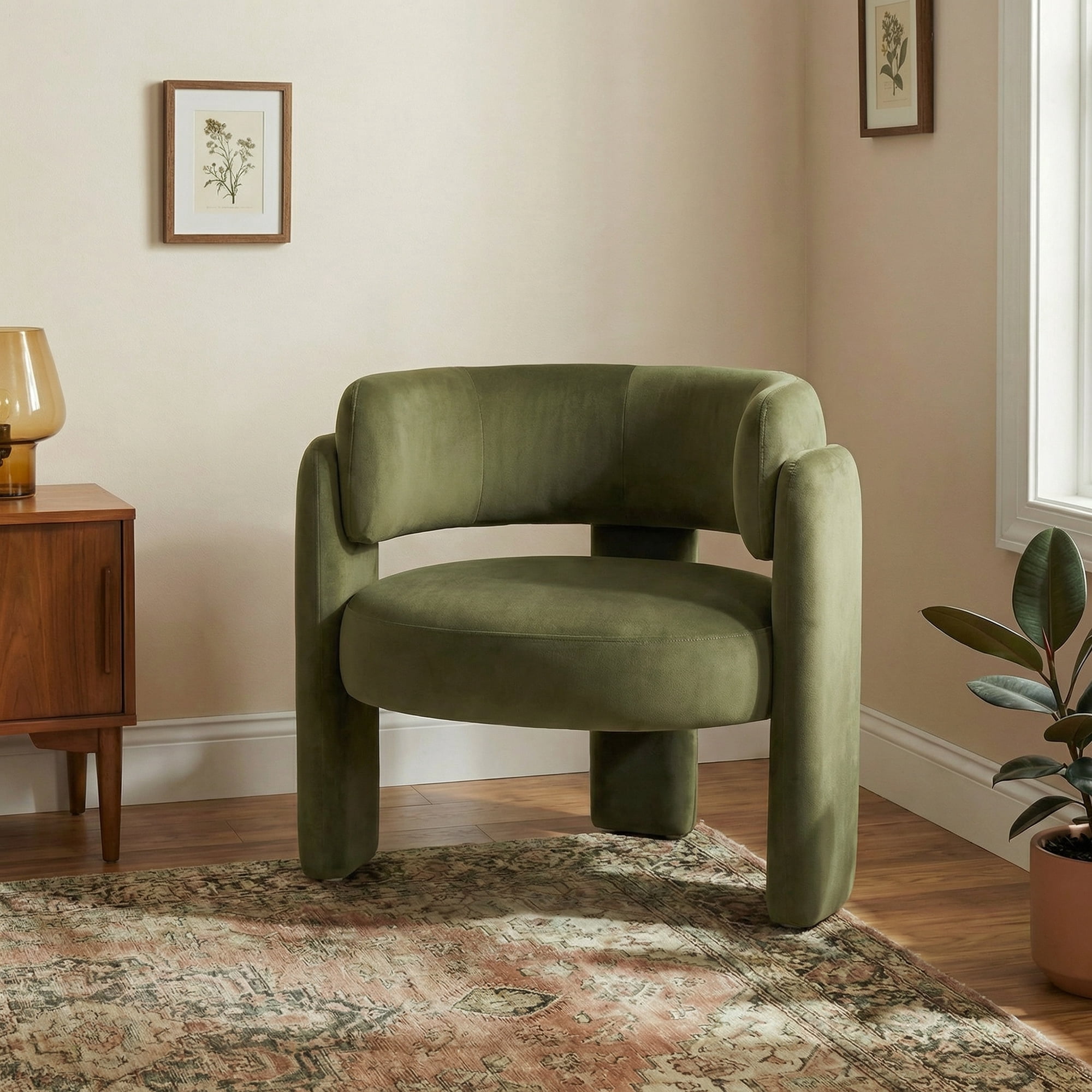 AFO Modern Upholstered Dining Chair, Cute Barrel Side Armchair with Round Back for Living Room Dining Room Bedroom, Green