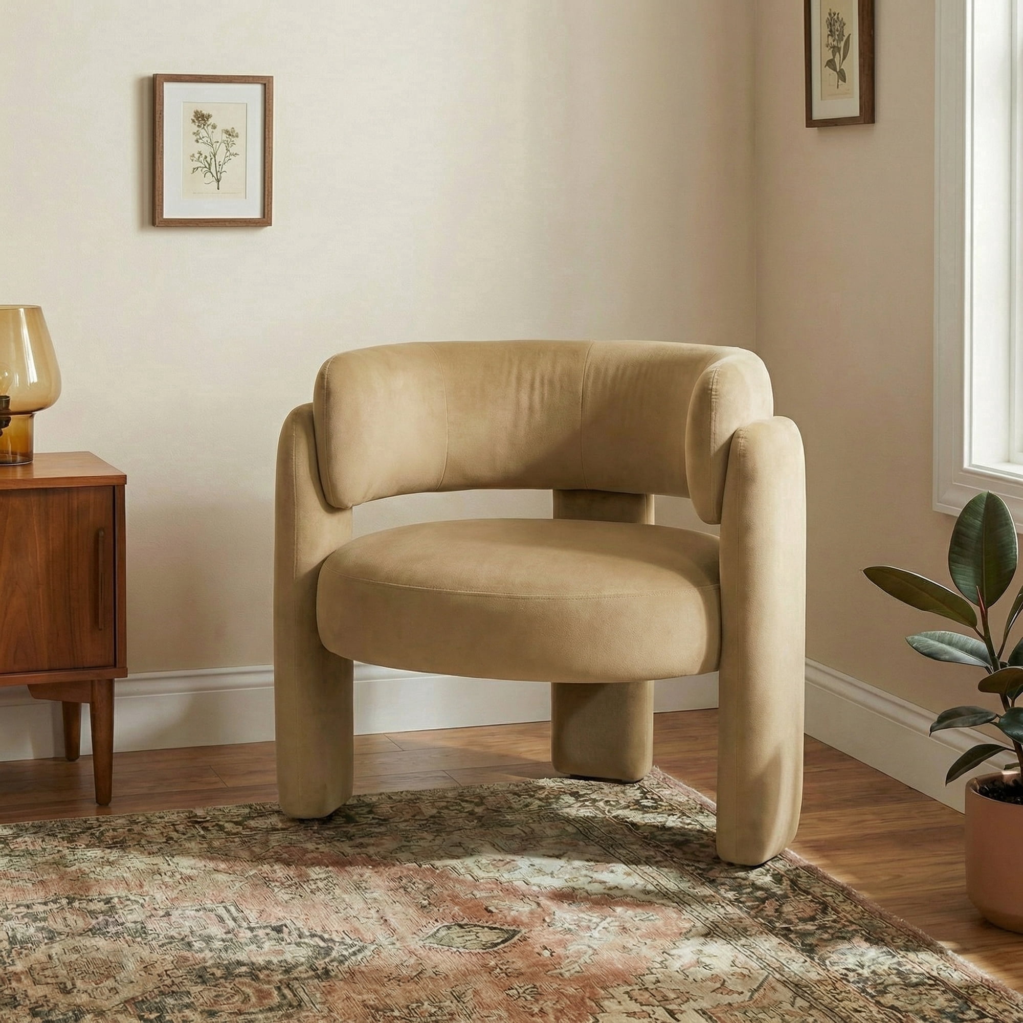 AFO Modern Upholstered Dining Chair, Cute Barrel Side Armchair with Round Back for Living Room Dining Room Bedroom, Khaki
