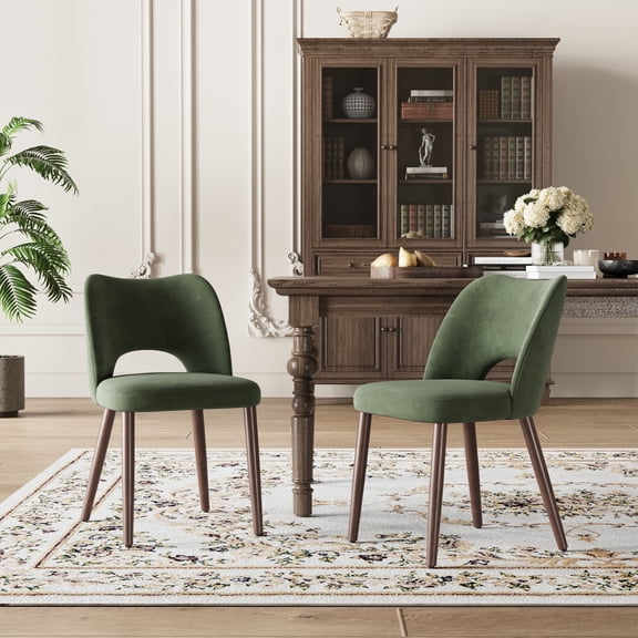 AFO Modern Velvet Dining Chair with Solid Wood Legs, Ergonomic Curved Side Chairs for Dining Room, Cafe and Kitchen, Set of 2, Green