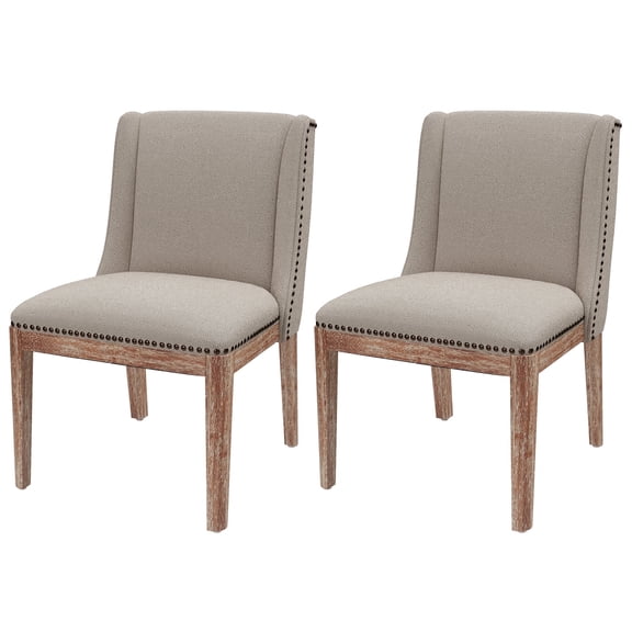 Modern Wingback Dining Chair Set of 2, Upholstered Side Chairs with Nailhead Accent and Solid Wood Base, Beige