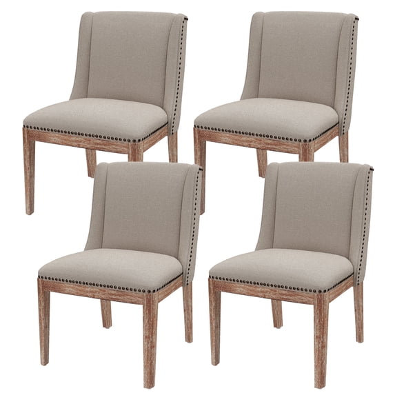 Modern Wingback Dining Chair Set of 4, Upholstered Side Chairs with Nailhead Accent and Solid Wood Base, Beige