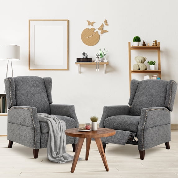 AFO Push-Back Recliner with Side Pockets, Solid Wood Ergonomic Armchair for Living Room and Bedroom, Dark Grey, Set of 2