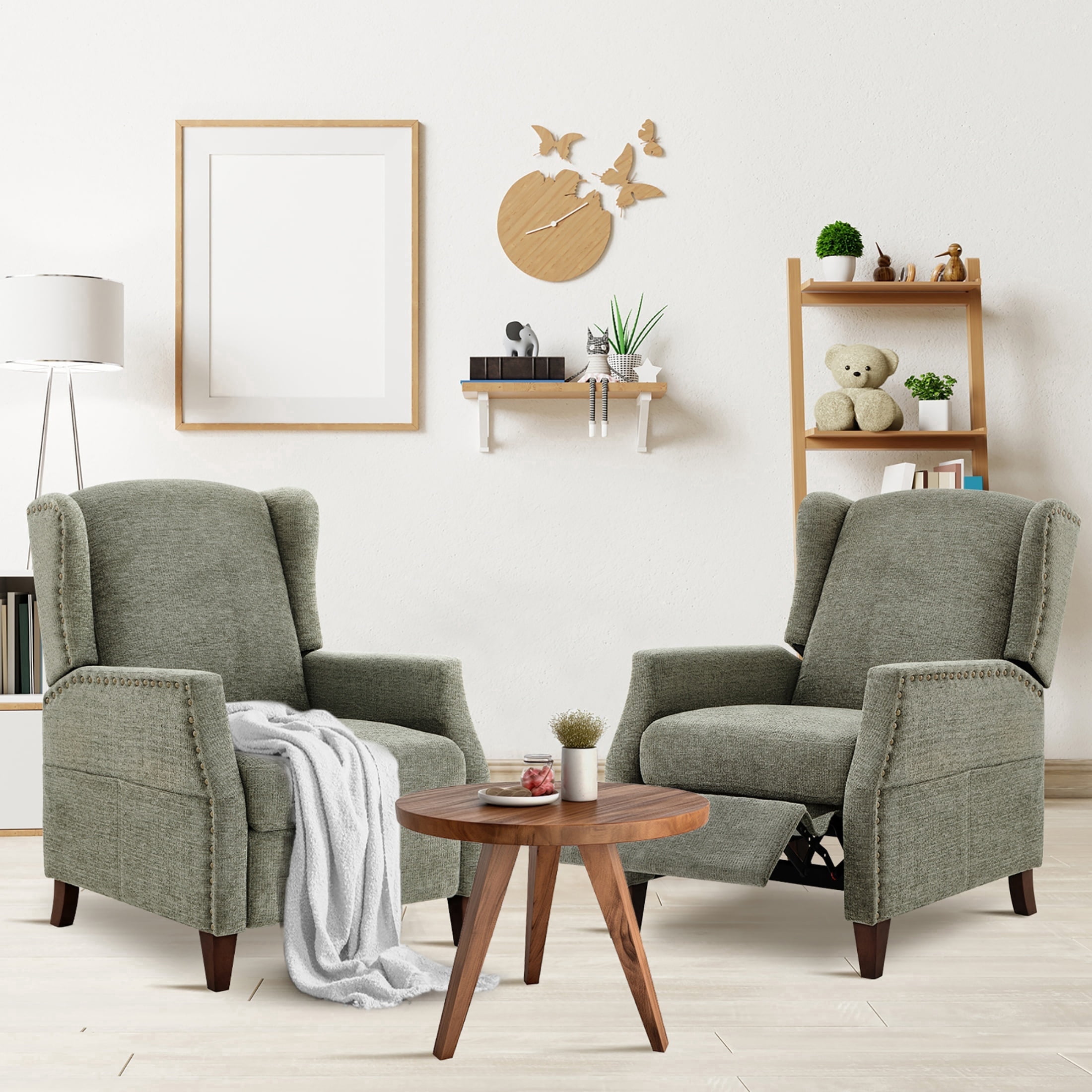 AFO Push-Back Recliner with Side Pockets, Solid Wood Ergonomic Armchair for Living Room and Bedroom, Green, Set of 2