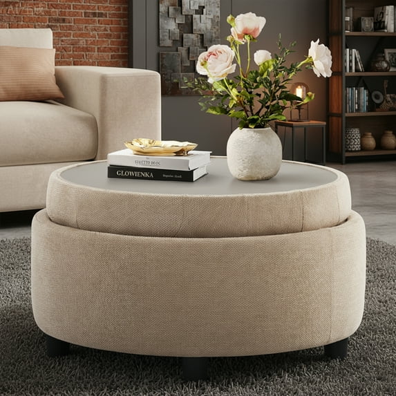 AFO Round Storage Ottoman with Storage & Reversible Tray, Multi-Functional Footrest, Sturdy & Stylish Small Coffee Table , Camel