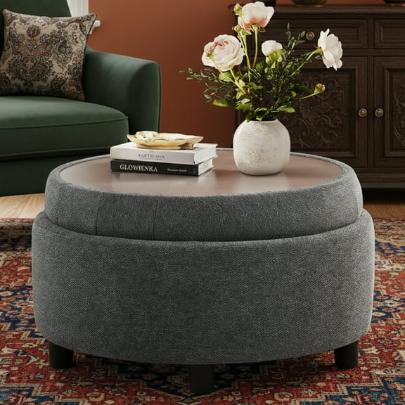 AFO Round Storage Ottoman with Storage & Reversible Tray, Multi-Functional Footrest, Sturdy & Stylish Small Coffee Table , Dark Grey