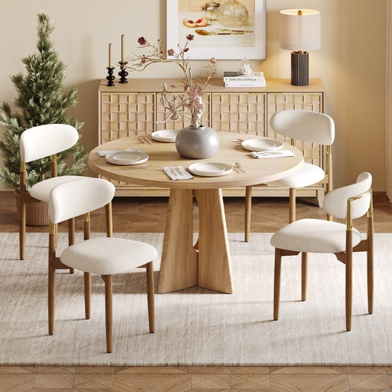 AFO Set of 4 Dining Chairs, Chenille Upholstered Kitchen Side Chairs with Wood Legs and Backrest for Modern Mid-Century Dining Room and Restaurant, Beige