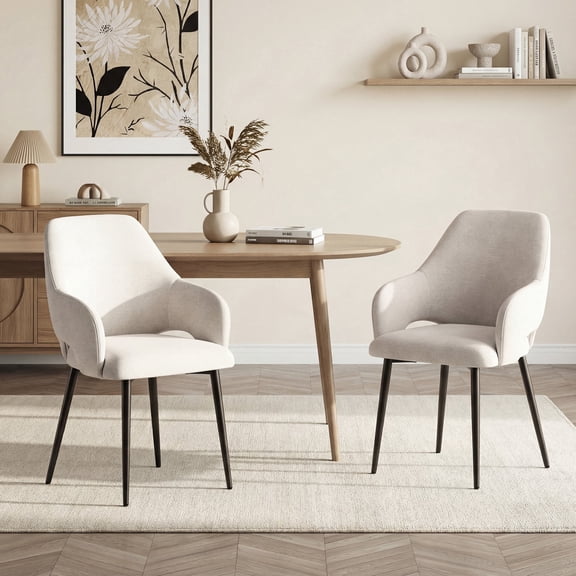 AFO Set of 2 Upholstered Dining Chair with Metal Legs & Ergonomic Back - Modern Chenille Armchair for Kitchen, Living Room & Small Place, Beige