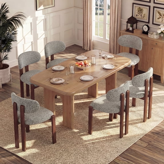 AFO Upholstered Dining Chairs Set of 6, Solid Wood Dining Room Chairs with Ergonomic Padded Backrest, Modern Chenille Side Chair for Kitchen, Dining Room & Café, Light Gray