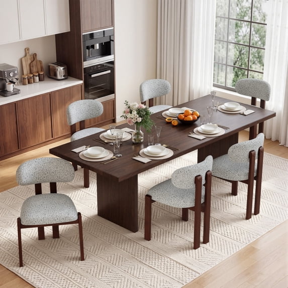 AFO Upholstered Dining Chairs Set of 6, Solid Wood Dining Room Chairs with Ergonomic Padded Backrest, Modern Chenille Side Chair for Kitchen, Dining Room & Café, Light Gray