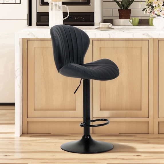 AFO Swivel Bar Stools, Adjustable Height Barstools with Shell Back, Modern PU Leather Kitchen Island Chairs for Dining Room, Home Bar, Pub, Black