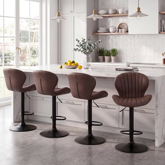 AFO Swivel Bar Stools Set of 4, Adjustable Height Barstools with Shell Back, Modern PU Leather Kitchen Island Chairs for Dining Room, Home Bar, Pub, Brown