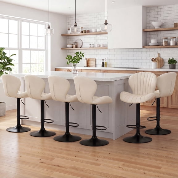 AFO Swivel Bar Stools Set of 6, Adjustable Height Barstools with Shell Back, Modern PU Leather Kitchen Island Chairs for Dining Room, Home Bar, Pub, Beige