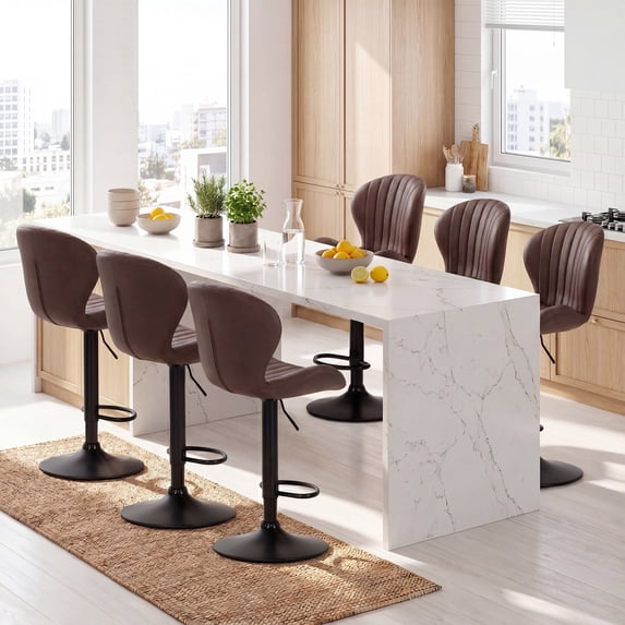 AFO Swivel Bar Stools Set of 6, Adjustable Height Barstools with Shell Back, Modern PU Leather Kitchen Island Chairs for Dining Room, Home Bar, Pub, Brown