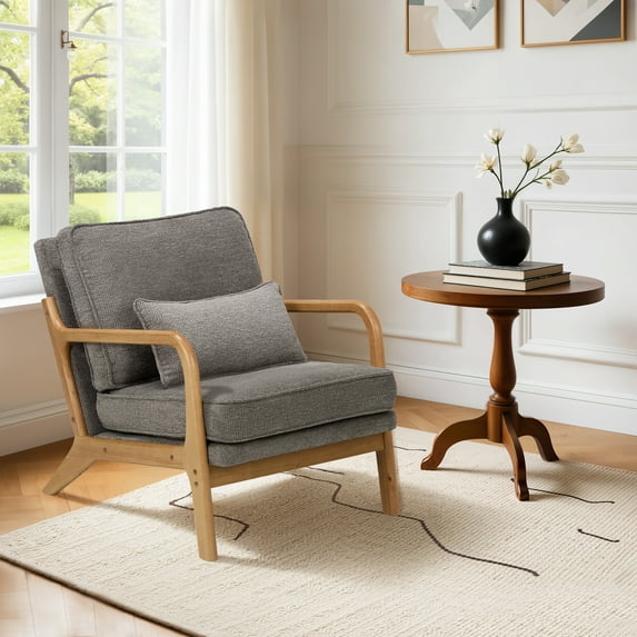 AFO Upholstered Accent Armchair with Wooden Frame and Lumbar Pillow for Living Room or Bedroom, Grey