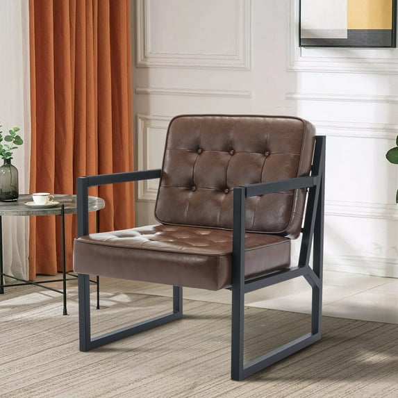 AFO Upholstered Armchairs, Modern Faux Leather Accent Chairs with Armrests and Metal Legs for Living Room,Bedroom, or Reception Area-Brown